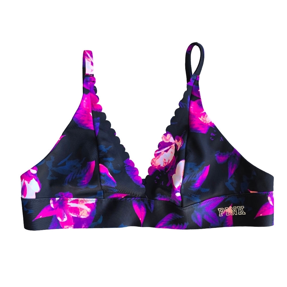 PINK Victoria’s Secret Bonded Scallop Black Pink Floral Bralette Bra Size Medium